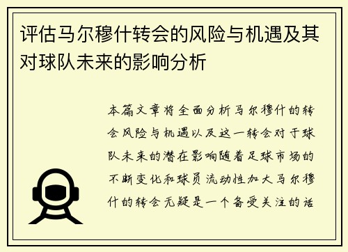 评估马尔穆什转会的风险与机遇及其对球队未来的影响分析