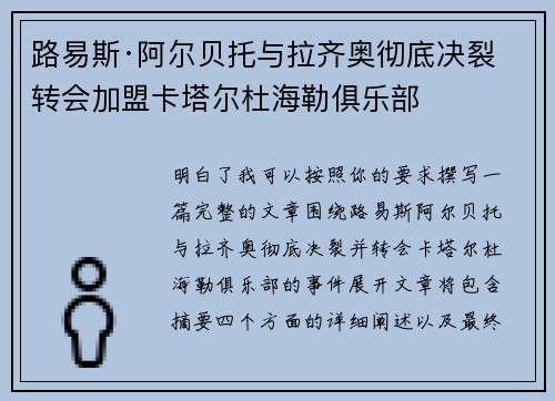 路易斯·阿尔贝托与拉齐奥彻底决裂 转会加盟卡塔尔杜海勒俱乐部