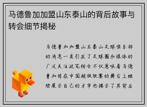 马德鲁加加盟山东泰山的背后故事与转会细节揭秘
