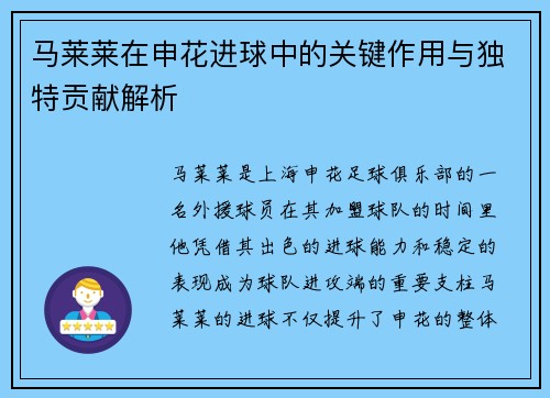 马莱莱在申花进球中的关键作用与独特贡献解析