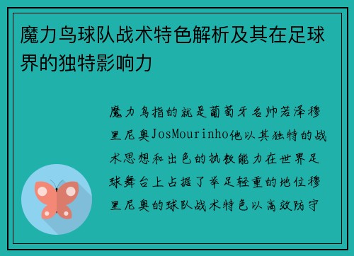 魔力鸟球队战术特色解析及其在足球界的独特影响力